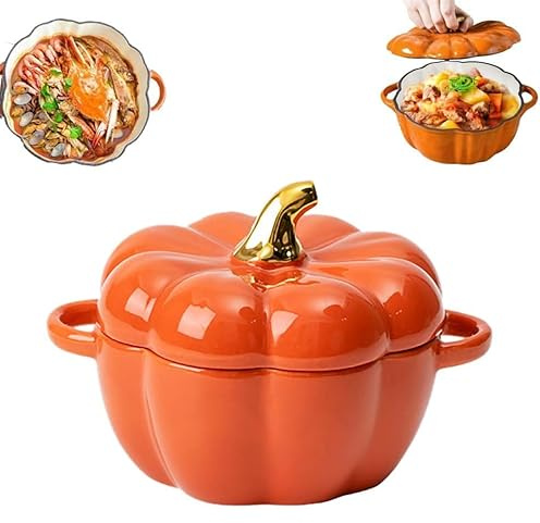 Pumpkin Pot with Lid, 1.9L Ceramic Pumpkin Dutch Oven Pot for Fall Kitchen Decor, Mini Baking Dish Cute Bowl for Thanksgiving Halloween Fall Kitchen Indoor Decorations (Orange)