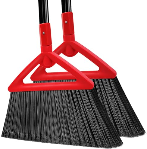 PUTNATRUE Heavy Duty Broom Outdoor and Indoor, 2 Pack Upgraded Commercial Angle Brooms, Perfect Red Broom of House, Kitchen, Garage, Courtyard