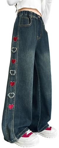 FEOYA Jean Baggy Fille avec Poches avec Taille Élastique Décontracté Y2K | Loose Fit Jean Avec Taille Élastique Décontracté Mode Y2K Pantalon Pour Printemps, Automne Et Hiver