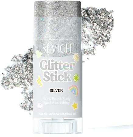 SEVICH Glitter Stick Silber für Gesicht, Körper und Haare, hautverträglich, wasserfest, ohne Kleber, leicht aufzutragen und zu entfernen, für Partys, Festivals und Make-up, 16 g
