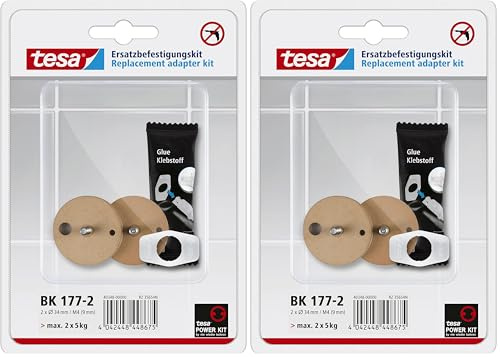 tesa Power.Kit-Adapter BK177-2, selbstklebendes Ersatzteil-Set, Metallplatte, Durchmesser 34mm, Höhe 12mm, Bolzenlänge 9mm (Packung mit 2)