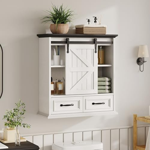 FiveWillowise Bathroom Wall Storage Cabinet with 2 Drawers, White Floating Wall Mounted Medicine Cabinet with Sliding Door & Adjustable Shelves, Over The Toilet for Bathroom, Laundry Room, Kitchen
