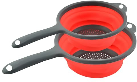 Kitchen Collapsible Colanders Set,Collapsible Colanders with Handles,Dishwasher Safe,Space-Saver Folding Strainer Colander for Draining Pasta Vegetable Fruits (Red)