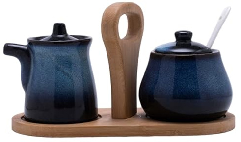 Set per zucchero e lattiera con vassoio, brocca per lattiera in ceramica vintage ＆ zuccheriera con coperchio e cucchiaio per bar set per bar