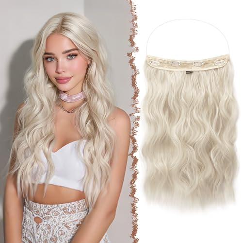 FESHFEN Secrets Haare Extensions Lange Gewellt Haarverlängerung Invisible Secret Haarextension Synthetik Haare Unsichtbarem Haarteile für Frauen Weiß Blond 50 cm