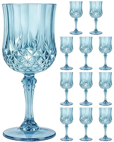 XYUNE 12 Pcs Plastic Wine Glasses, Dusty Blue Vintage Water Goblets 200ml Reusable Disposable Unbreakable Drinking Cups Bulk for Wedding Party Event