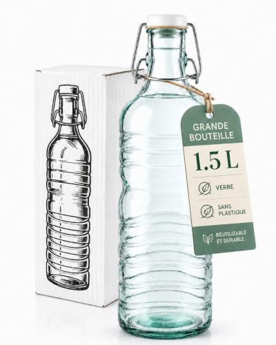 Glasflasche Recyceltes Glas mit Bügelverschluss Auslaufsicher Ökologisch Robust für Wasser Saft Kalte Getränke Alltag Spülmaschinenfest Büro Zuhause Küche Outdoor 1.5 Liter Nachhaltig Elegant Formschö