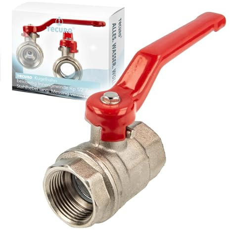 tecuro Kugelhahn, beidseitig Innengewinde Rp 1/2 Zoll (DN 15) Stahlhebel lang, temperaturbeständig von 20°C bis + 150°C, Messing vernickelt