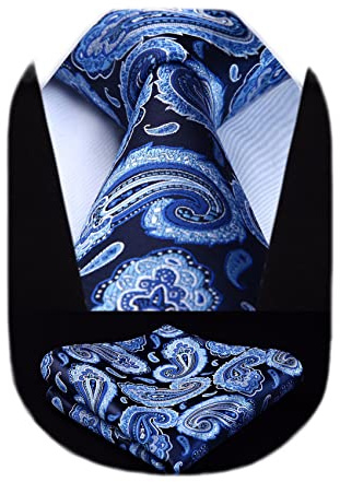 HISDERN Ties for Men Blue Paisley Tie and Pocket Square Set Formal Navy Blue Mens Necktie Handkerchiefs Satin Neckties for Wedding Party