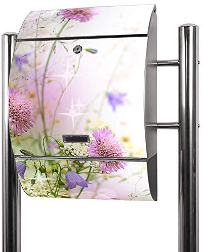 banjado® Standbriefkasten Edelstahl mit Zeitungsfach Motiv Glitzernde Wiese/Briefkasten mit Standfuß/Edelstahl Briefkasten freistehend - A4 Einwurf inkl. 2 Schlüssel