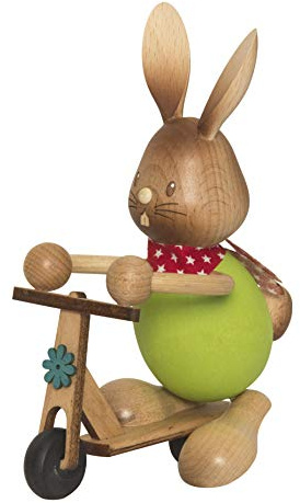 Kuhnert Drechslerei Osterdekoration/Osterhase „Stupsi Hase auf Roller“ 11 cm hoch, aus feinstem Holz, für EIN Bezauberndes Osterfest oder eine dauerhafte Dekoration, Holzkunst Made in Germany