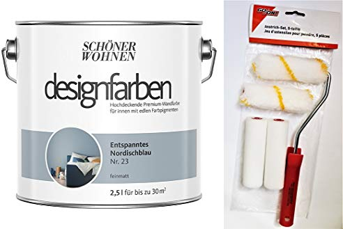 Schöner Wohnen designfarben feinmatte Wandfarbe für innen 2,5 Liter mit go/on Rollen-Set 5-tlg (Nr 23 Entspanntes Nordischblau)