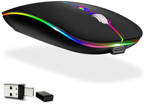 KLO Ratón recargable LED (BT5.2+Tipo-C + USB 2.4G) Ratón Bluetooth para MacBook/MacBook Air/Pro/iPad, mouse inalámbrico para laptop/Notebook/PC/iPad/Chromebook (A LED/negro)