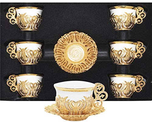 Alisveristime 12-teiliges Kaffeetassen-Set mit Untertassen aus Porzellan, türkisch, griechisch, arabisch, Goldfarbenmischung