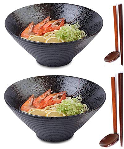 2 Sets (6 Piece) Ceramic Japanese Ramen Soup Bowl Set, Dishwasher and Microwave Safe, 1032ml/36oz Large Noodle Bowl with Matching Spoon and Chopsticks for Thai Udon Wonton Soup Pho, Black (24cm)