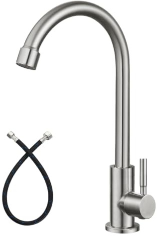 Heyalan Brushed Nickel Kitchen Faucet Cold Water Only 1 Hole Single Handle 360 Degree Swivel Spout Deck Mount High Arc SUS304 Sink Bar Tap Goose Neck with Hose and Longer Thread Pipe