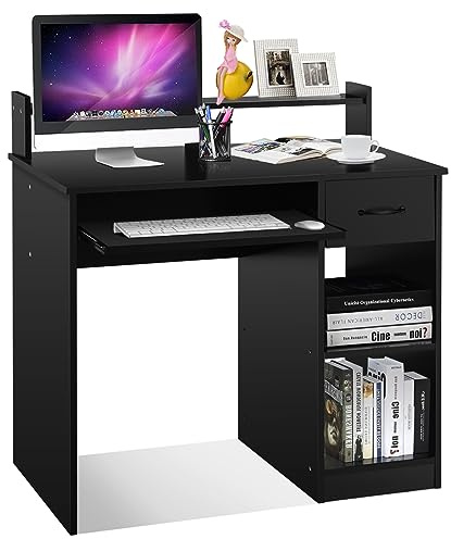 COSTWAY Scrivania da Studio con Cassetti, Tavolo Porta PC per Computer Moderno, con Ripiani, Legno (Nero)
