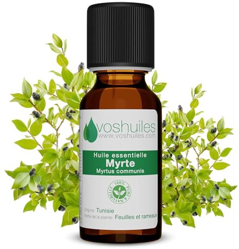 VOSHUILES - Huile Essentielle de Myrte Vert - 5ml - Distillation de Feuilles et Rameaux - Flacon Verre Ambré, Bouchon Sécurité et Compte-Gouttes de Précision