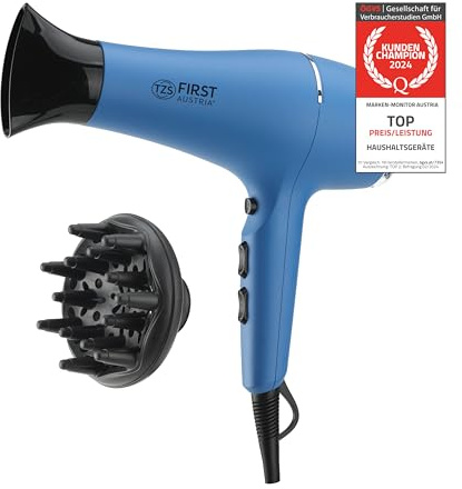 TZS First Austria Haartrockner, 2200 W, Ionen, schonendes Styling & gleichmäßige Wärmeverteilung, 3 Heiz- und 2 Gebläsestufen sowie praktische Cool-Shot-Funktion, inkl. Diffusor-Aufsatz - blau