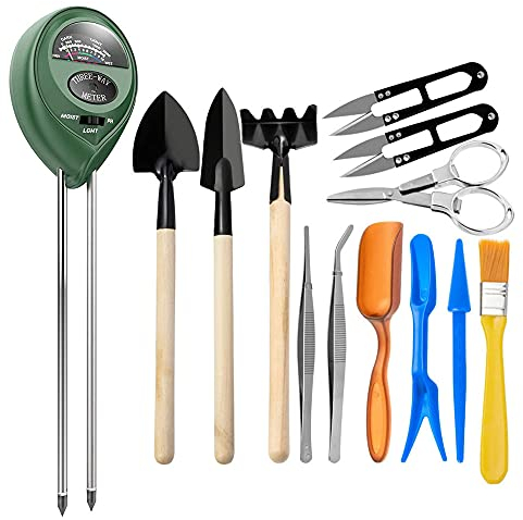 Bonsai Tools Set,Bonsai Tools Kit Mini Gardening Tools 13Pcs Garden Transplanting Tool Soil Test Kit Succulent Plant Tools Set Include Shovels, Rakes, Fork, Tweezers, Bud & Leaf Scissor, Brush