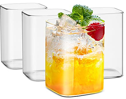 LUXU Lot de 4 verres carrés fins et carrés pour eau, jus, bières, cocktails et boissons mixtes, sans plomb, verres carrés en verre