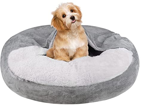 MICOOYO Beruhigendes Hundebett -Gemütliches Donut Hundedeckenbett für Hund, klemmendes Haustier Höhlenbett für Katzen Welpen (M, Grau)