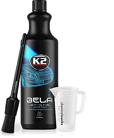 Bela Pro Blueberry Aktivschaum (1L) hochkonzentrierter Premium Snow Foam + chemicalworkz Messbecher - dichter Schaum für eine schonende Vorwäsche - pH-neutrales Auto Snow Foam Shampoo | 2-teilig