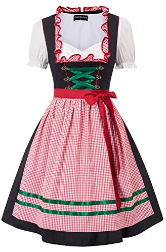 SCARLET DARKNESS Damen Trachtenkleid 3tlg Dirndl Kleid mit Dirndlbluse und Schürze für Oktoberfest Kostüm S Rot Plaid