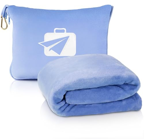 Premium Reisedecke für Flugzeug, Weiches Flugzeug Deckenkissen 2 in 1 mit Kompakter Tasche, Handgepäckgürtel und Rucksack Clip, Tagbare Reise Essentials für Lange Flüge