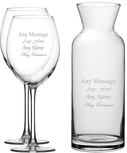 Personalised Engraved Set of 2 Enoteca Wine Glass and Village Carafe Set, Customise with Any Message for Any Occasion, Stylize from a Variety of Fonts, Gift Boxes Included, Laser Engraved
