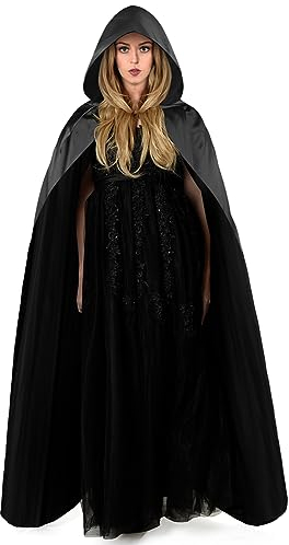 Aomig Capa Negra Con Capucha, 150cm Largo Medieval Disfraz Muerte Adulto, Halloween Para Cosplay de Bruja Vampiro Mago, Disfraz Mujer Hombre Para Carnaval Fiesta