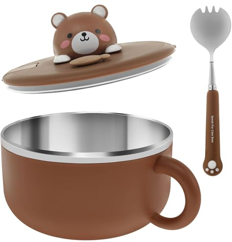 NIHUIFDPY 1200ml Ramen Bowl with Handle and Lid, Sealed Ramen Cooker Bowl with Fork, Insulated Noodle Bowl with Air Holes, Round Noodles Soup Bowl, Salad Box for Office College (Brown)