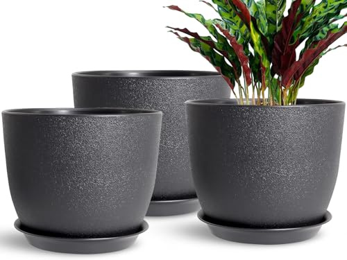 SE SUN-E Pflanzgefäße 3er Set, 25 cm Indoor Outdoor Pflanzgefäße für alle Zimmerpflanzen Schwarze Plastikblumentöpfe Moderner dekorativer Gartentopf mit Untersetzer