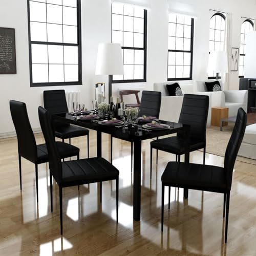 LAPOOH 7tlg. Esstisch Set Schwarz, Esstisch Mit Stühlen, Esstischgruppe, Esszimmergruppe,Küchentisch Mit Stühlen, Tischgruppe, Dining Table Set, 242987