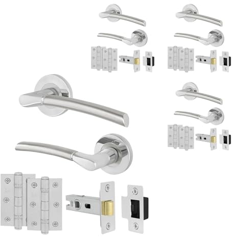 EAI Chrome Door Handle Latch Set, 4 Pairs Internal Round Rose Polished Chrome and Satin Nickel Handles, Latches 64mm Hinges 76mm