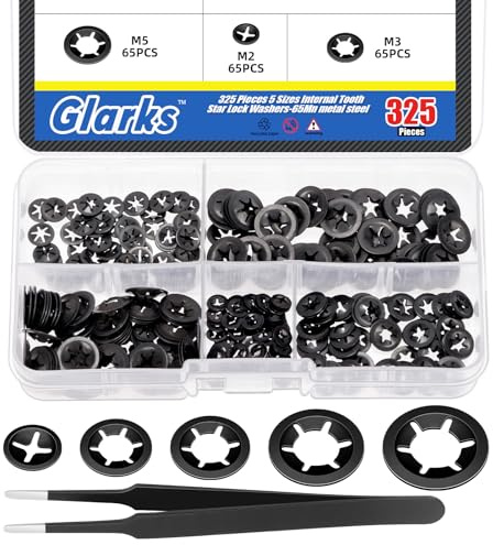 Glarks 326 arandelas de acero de 65 Mn con dientes internos Star Lock Surtido de arandelas M2 M2.5 M3 M4 M5 de velocidad rápida push on discos de bloqueo