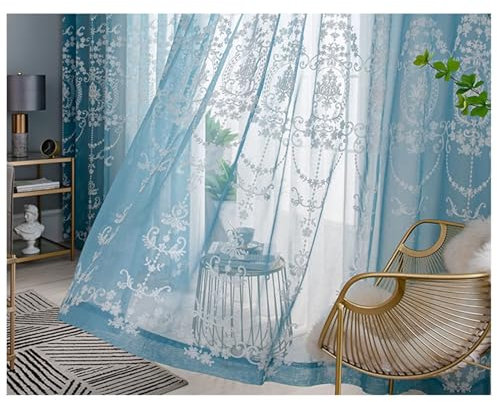 Beydodo Vorhänge Blau 2er Set mit Haken 200x250CM, Gardinen für Schienensystem Stickerei mit Blumen Motiv Gardinenschals Polyester Halbtransparent für Wohnzimmer Schlafzimmer Küche