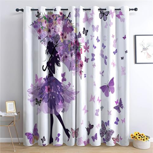 Generisch Verdunklung Svorhänge Schlafzimmer H166 x B150 cm, Traumkunst Mädchen Schmetterling Thermo Isolierte Vorhänge, Waschbarer Lila Polyester Vorhan, Anwendbar Kinderzimmer und Wohnzimmer