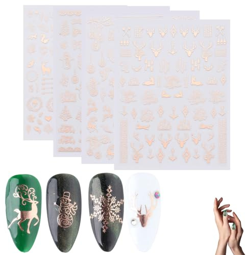 DHWEKU Nagelsticker Weihnachten,4 Blatt Nail Art Sticker Nagelaufkleber Selbstklebend Roségold Schneeflocke Urlaub Christmas Dekoration Nageldesign Zubehör