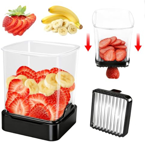 GENGCANG Fruit Slicer Cup for Strawberry, Banana, Hard-Boiled Egg - Detachable Cutter with Push Plate - 304 Stainless Steel Blade - Rapid & Safe Slicing Kitchen Gadget for Quick Meal Prep (Black)