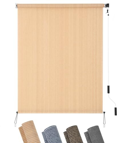 KELIXU Patio Shades Roll Up Outdoor Blind, 4’ W x 6’ H Cordless Sun Shade Privacy Screen with 90% UV Protection Exterior Roller Shade Cloth for Porch Pergola Backyard Windows Balcony, Walnut