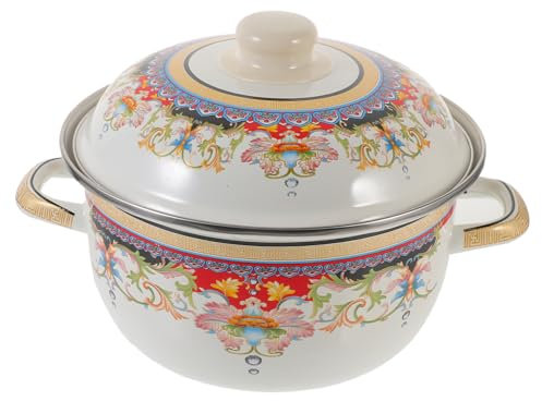 OKUMEYR Vintage Enamel Milk Pot with Lid 20cm Retro Soup Pot Thickened Nonstick Enamelware for Stovetop Use