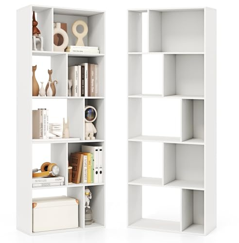 HOMASIS Bücherregal mit 10 Fächern, 5-stufiges Würfelregal Weiß, schmales Standregal Regal aus Holz, Freistehendes Aufbewahrungsregal Raumteiler Büroregal für Wohnzimmer Arbeitszimmer Büro