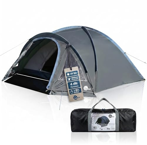 your GEAR Monza Zelt 4 Personen – Schnellaufbau Campingzelt – Festivalzelt wasserdicht & UV50+ – Igluzelt mit dunkler Schlafkabine, Moskitonetz & Fenster – leichtes Kuppelzelt für Camping & Festival