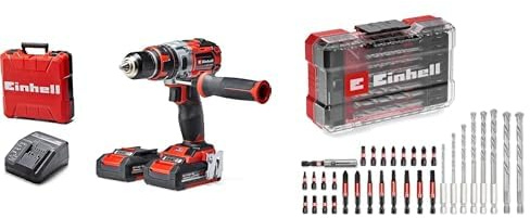 Einhell Atornillador inalámbrico TE-CD 18 Li-i Brushless Power X-Change (con función de impacto, Li-Ion, 18 V, 2 velocidades, 60 Nm, luz LED, maletín, incl. 2 baterías de 2,0 Ah +Einhell M-CASE de 33P