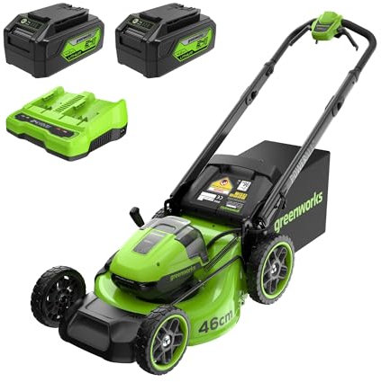 Greenworks 48V (24V x 2) Self Propelled Cordless Lawnmower for Large Lawns up to 460m2, 46cm Cutting Width, 55L Bag, Lawnmower with Two 4Ah Batteries and Twin Charger, 3 Year Guarantee MO48L424-01
