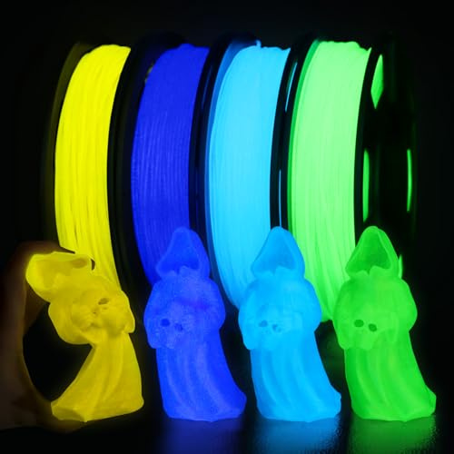 EONO 3D Druck Glow in the Dark TPU Filament Set 4×250g Nachtleuchtendes Flexibles TPU 95A, UV-Aktiv & Stoßfest, Für FDM 3D-Druck, Farben: Blau, Grün, Lila, Gelb, Ideal für Modelle, Dekorationen & DIY