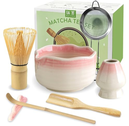 JBER Matcha Whisk Set, Ceramic Matcha Set Includes Bowl & Holder, Bamboo Whisk (Chasen), Sifter, Scoop, Spoon & Rest - 7PCS Matcha Kit Gift for Matcha Lovers & Beginners, Gradient Pink