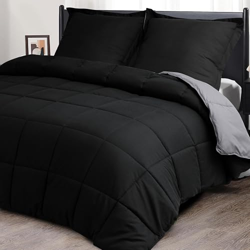 HIG Bettdecke 155x220 cm + 2 Kissenbezüge 80x80cm – Oeko-TEX zertifizierte Schwarz Steppdecke, kastenförmig genäht – 1500g Daunenalternative (300GSM) weich & flauschig