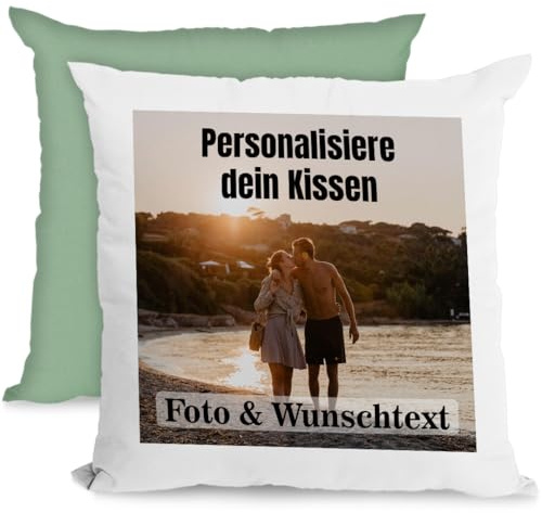 Personalisiertes Kissen 40x40 cm mit Foto & Kissenfüllung – Individuelles Fotokissen mit Bild – Personalisiertes Geschenk für Frauen, Männer & Freundin – Dekokissen & Kuschelkissen, Weiß/Grün